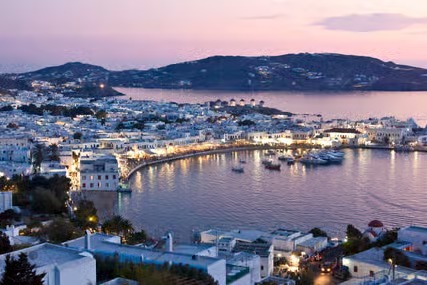 Mykonos harbor at dusk